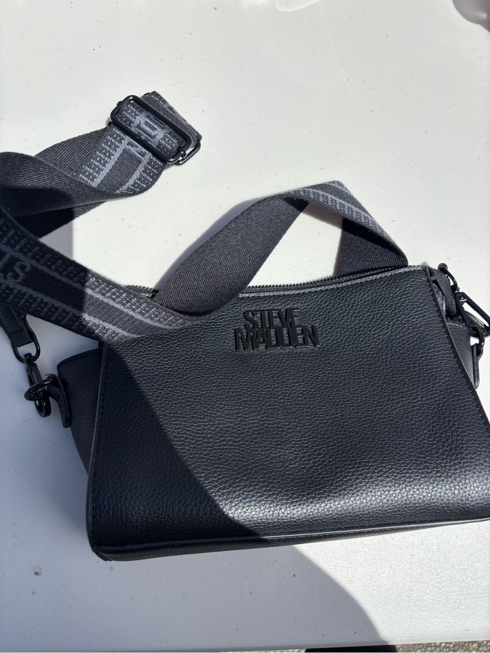 Steve Madden Black Pebbled Crossbody Messenger Bag with Branded Strap